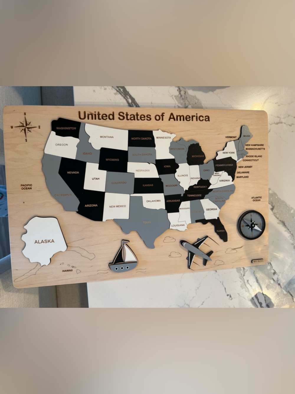 Wooden United States Puzzle Wall Art - Black, Gray, White